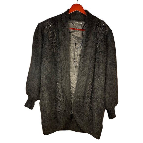 Lee Sands Black Cardigan XL (est) Angora blend Embroidered Old Money Mob Wife - Picture 4 of 13
